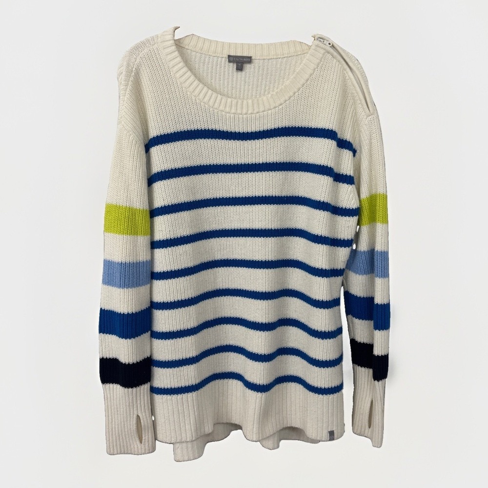 T By Talbots Women's Striped Sweater Crew Hi Lo Thumbholes M White Blue Multi